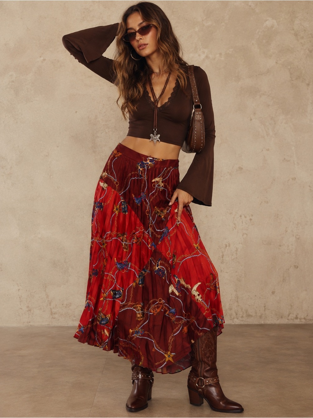 Sandro Paris Pleated Maxi Skirt XS 4 Western Cowboy Boot Chain Print Red